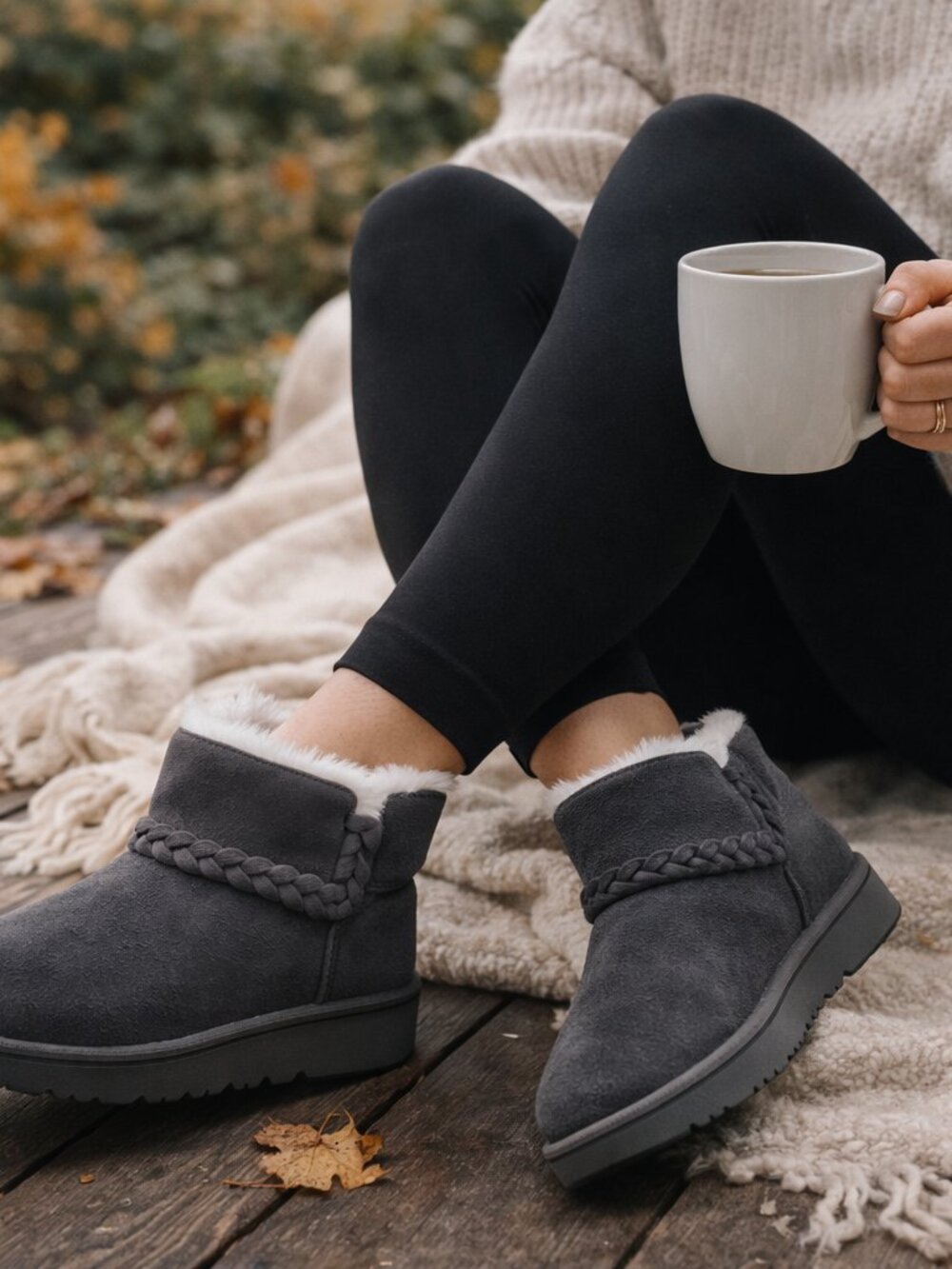 UGG Classic Mini Shearling Braid Charcoal Women’s Size 9 Suede Winter Boots